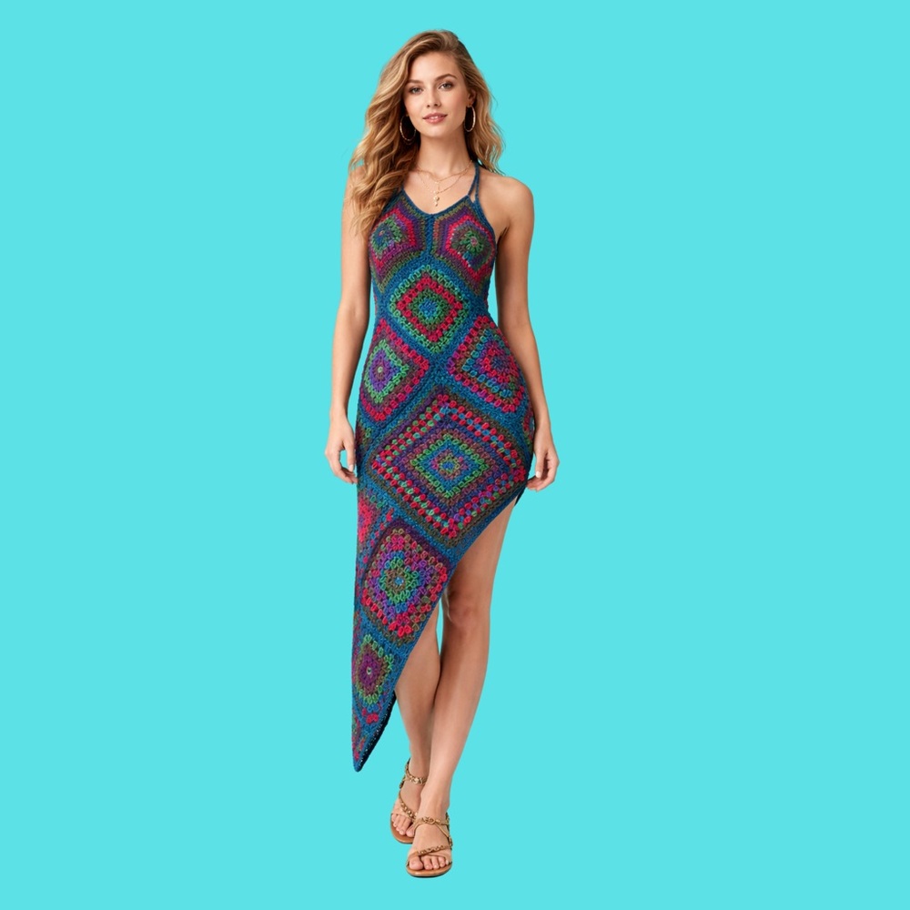 Handmade? Granny Square Crochet Dress – Asymmetrical Boho Maxi